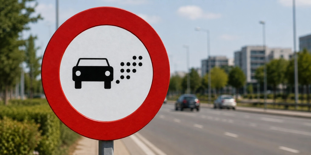 Segnale stradale con auto circondata da punti indica zona a basse emissioni in Spagna, con telecamere e multe da 200 euro